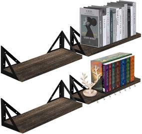 img 4 attached to Rustic Wood Floating Wall Shelves - Set of 4 | Heavy-Duty & 📚 Decorative Wall Mounted Bookshelves for Living Room, Bathroom, Kitchen, Office | Includes 8 Free Hooks