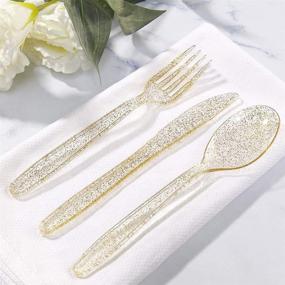 img 1 attached to 🍽️ WDF 360 Gold Plastic Silverware Set - Disposable Gold Glitter Plastic Cutlery - 120 Gold Forks, 120 Gold Spoons, 120 Gold Knives Included