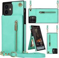 📱 hoggu iphone 12/iphone 12 pro wallet case crossbody leather with card holder, zipper purse, kickstand, removable shoulder strap, square corners protective back cover 6.1'' - mint green, compatible logo