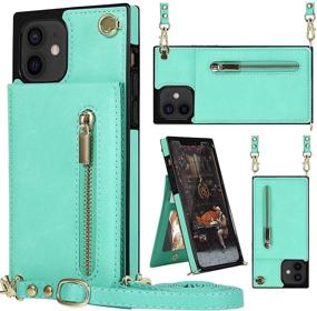 img 4 attached to 📱 HOGGU iPhone 12/iPhone 12 Pro Wallet Case Crossbody Leather with Card Holder, Zipper Purse, Kickstand, Removable Shoulder Strap, Square Corners Protective Back Cover 6.1'' - Mint Green, Compatible