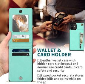 img 1 attached to 📱 HOGGU iPhone 12/iPhone 12 Pro Wallet Case Crossbody Leather with Card Holder, Zipper Purse, Kickstand, Removable Shoulder Strap, Square Corners Protective Back Cover 6.1'' - Mint Green, Compatible