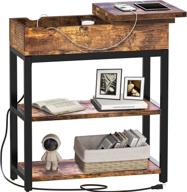 fabato charging station nightstand end table with storage shelves, flip top, and usb ports - narrow sofa side table for small spaces - metal frame - rustic brown - ideal for living room or bedroom logo