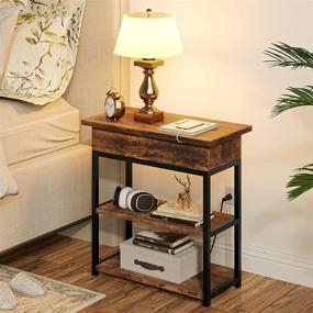 img 2 attached to FABATO Charging Station Nightstand End Table with Storage Shelves, Flip Top, and USB Ports - Narrow Sofa Side Table for Small Spaces - Metal Frame - Rustic Brown - Ideal for Living Room or Bedroom