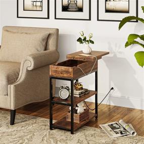 img 3 attached to FABATO Charging Station Nightstand End Table with Storage Shelves, Flip Top, and USB Ports - Narrow Sofa Side Table for Small Spaces - Metal Frame - Rustic Brown - Ideal for Living Room or Bedroom