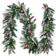 🎄 cewor 9ft christmas garland with 50 warm white led lights pre-lit artificial snowy garland with red berries and pine cone for fireplace and stair decoration логотип