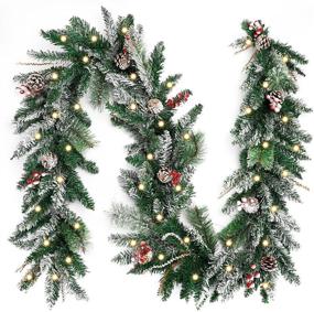 img 4 attached to 🎄 CEWOR 9ft Christmas Garland with 50 Warm White LED Lights Pre-lit Artificial Snowy Garland with Red Berries and Pine Cone for Fireplace and Stair Decoration