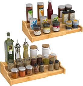 img 4 attached to 🎋 3 Tier Expandable Bamboo Spice Rack Seasoning Organizer - Set of 2 for Cabinet, Pantry, Countertop, Kitchen Step Shelf