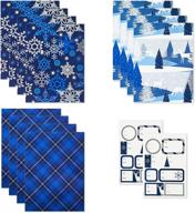 🎁 hallmark flat christmas wrapping paper sheets with cutlines and gift tag seals (12 folded sheets, 16 gift tag stickers) - blue/silver snowflakes, deer forest scene, blue tartan plaid logo