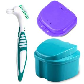 img 4 attached to 🦷 Удобный контейнер для зубных протезов с чистящей щеткой и держателем – полный комплекс ухода за зубными протезами, брекетами, мундштуками и ретейнерами – идеальный для путешествий (Синий)