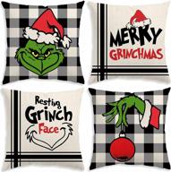 🎄 set of 4 christmas pillow covers 18x18 - the grinch buffalo plaid christmas decoration pillows: merry grinchmas, resting grinch face, winter holiday throw pillows - farmhouse decor for couch logo