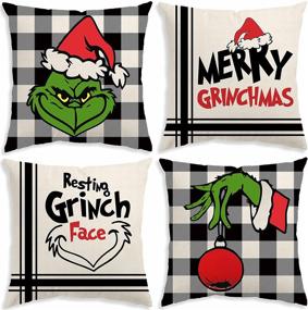 img 4 attached to 🎄 Set of 4 Christmas Pillow Covers 18x18 - The Grinch Buffalo Plaid Christmas Decoration Pillows: Merry Grinchmas, Resting Grinch Face, Winter Holiday Throw Pillows - Farmhouse Decor for Couch