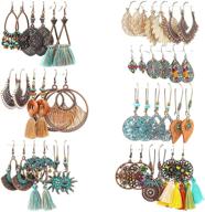 colorful tassel boho dangle earrings for women girls - 21 pairs of lightweight statement earrings, vintage teardrop hollow leaf wooden beaded hoops - bohemian national style, hippie jewelry set logo