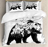 🐻 ambesonne bear duvet cover set: mammal silhouette mountain landscape with flying birds and forest wildlife design - queen size, white and black logo