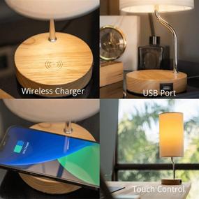 img 1 attached to 💡 Wireless Charger & USB Port Bedside Table Lamp - Touch Control LED Desk Lamp for Bedroom, 3-Way Dimmable Wooden Nightstand Lamp with Fabric Shade for Living Room, Kid's Room, Dorm, or Office