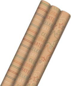 img 4 attached to 🎁 Environmentally-Friendly Hallmark Recyclable Wrapping Paper: 3 Rolls of Rainbow Stripes, Celebrate, Stars on Kraft Brown - 60 sq. ft. total - Perfect for Birthdays, Graduations, Kids Parties