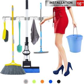 img 3 attached to 🧹 16-inch Broom Mop Hook Holder Wall Mount Installation - Organizer with 3 Racks and 4 Hooks made of 304 Stainless Steel for Home, Bathroom, Kitchen, Garage, Office, Closet, Garden, and Laundry Storage - Broom Closet (Blue, 1)