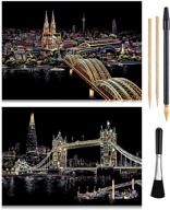 🎨 scratch & engraving arts paper (16x11.2 inches) for kids & adults - rainbow landscape diy scratchboard, craft kits: 2-pack with 4 tools - drawing pens, brush (tower bridge/cologne) logo