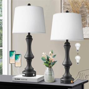 img 4 attached to Qimh Modern Touch Control Table Lamp Set of 2 with USB Charging Ports, 3-Way Dimmable Nightstand Lamp for Bedroom, Living Room - Includes 2 Bulbs and White Fabric Shade