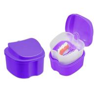 denture soaking cup with strainer basket - dental retainer case for cleaning, orthodontic bath box for mouthguard storage - leak-proof, lid waterproof - purple logo