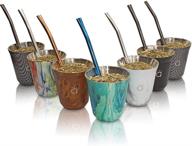 stainless steel double walled yerba mate gourd - small mate cup with bombilla and cleaning brush - 5oz (turquoise) logo