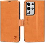 shieldon galaxy s21 ultra 5g case - premium genuine leather wallet flip book cover with kickstand, rfid blocking, and credit card slot - brown logo