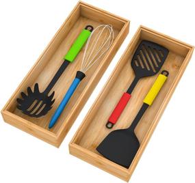 img 4 attached to 🎍 Bamboo Drawer Organizer Storage Box Kitchen: Stackable Wood Tray Set of 2, 15x6x2.5 inch - Efficient Space Management Solution