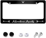 adventure awaits plate frame: premium aluminum metal license plate frame with chrome screw caps - ultimate car license plate covers for us vehicles logo