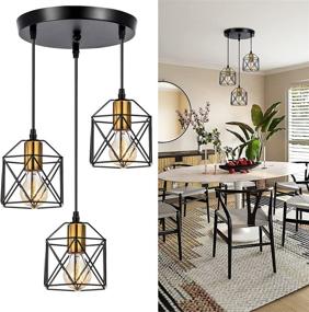 img 4 attached to WADSN Adjustable 3-Light Industrial Rustic Vintage Farmhouse Metal Caged Pendant Light Fixture for Modern Kitchen Island, Dining Room, and Bar - Gold Black Antique Hanging Lighting