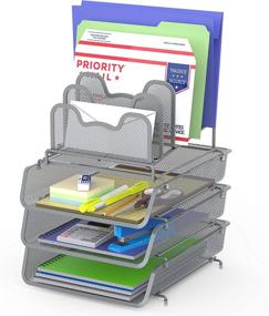 img 4 attached to Silver Stackable Desk File Tray Organizer with 5 Compartments & Step File System - SimpleHouseware 3-Pack