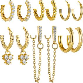 img 4 attached to 💫 Dazzling Gold Small Huggie Earrings for Women and Girls: 14K Gold Plated, Delicate Dangle, Sparkling Cubic Zirconia, Cartilage Chain Beaded Twists - Set of Exquisite Earrings