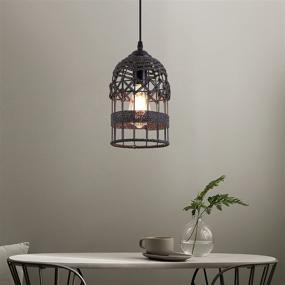 img 2 attached to 🏮 Rustic Black Woven Cage Pendant Light: Industrial Metal Hemp Rope Mini Pendant Lighting Fixture for Kitchen Island, Cafe, Bar, and Farmhouse