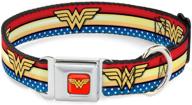 🐾 buckle-down wonder woman dog collar - adjustable sizes for small, medium & large dogs - red, gold, blue & white stripe stars design - seatbelt buckle logo