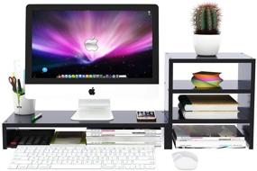 img 4 attached to COOGOU Wood Monitor Stand Raiser with 3 Tier Storage Shelf - 🖥️ Black Computer Stand for Home Office Desk Organizer and PC Screen TV Riser