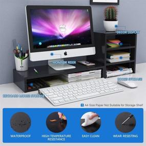 img 2 attached to COOGOU Wood Monitor Stand Raiser with 3 Tier Storage Shelf - 🖥️ Black Computer Stand for Home Office Desk Organizer and PC Screen TV Riser