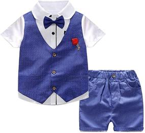 img 3 attached to 👔 Boys Summer Dress Clothes Set: Short Sleeve Shirt, Vest, Shorts, Bow Tie - Toddler Boy Tuxedos Outfits 2-7 Years