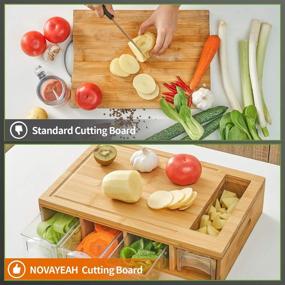 img 2 attached to 🍽️ NOVAYEAH Bamboo Cutting Board with 4 Containers: Large Chopping Board for Easy Food Storage, Transport, and Cleanup, Featuring Juice Grooves, Easy-grip Handles, and Food Sliding Opening