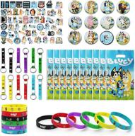🐶 blue dog birthday party supplies: complete puppy dog party favor set with 12 bracelets, 12 button pins, 12 key chains, 10 bluey gift bags, and 55 stickers logo