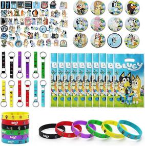 img 4 attached to 🐶 Blue Dog Birthday Party Supplies: Complete Puppy Dog Party Favor Set with 12 Bracelets, 12 Button Pins, 12 Key Chains, 10 Bluey Gift Bags, and 55 Stickers
