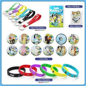 img 3 attached to 🐶 Blue Dog Birthday Party Supplies: Complete Puppy Dog Party Favor Set with 12 Bracelets, 12 Button Pins, 12 Key Chains, 10 Bluey Gift Bags, and 55 Stickers