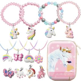 img 4 attached to 21-Piece Unicorn Gift Box Set for Teen Girls | BFF Pink Bead Unicorn Bracelets, Random Unicorn Butterfly Rainbow Pendant Charms, PU Necklace Chain | DIY Jewelry Making Supplies Kits - MJartoria