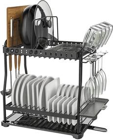 img 4 attached to 🍽️ Mehoom 2 Tier Dish Drying Rack Set with Drainboard - Adjustable Pan and Pot Lid Slots, Durable Collection Dish Drainers for Kitchen Counters - Swivel Spout Plate Rack