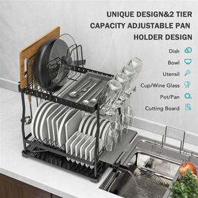 img 3 attached to 🍽️ Mehoom 2 Tier Dish Drying Rack Set with Drainboard - Adjustable Pan and Pot Lid Slots, Durable Collection Dish Drainers for Kitchen Counters - Swivel Spout Plate Rack