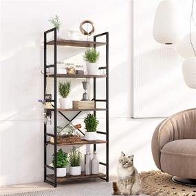 img 2 attached to 📚 HAIOOU Industrial 5-Tier Bookshelf: Antique Wood Design with Black Metal Frame - Sturdy Storage Organizer for Home Office