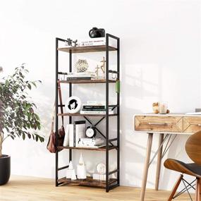 img 3 attached to 📚 HAIOOU Industrial 5-Tier Bookshelf: Antique Wood Design with Black Metal Frame - Sturdy Storage Organizer for Home Office