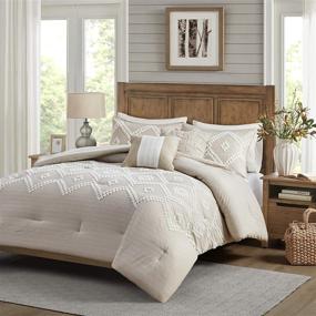 img 3 attached to 🛏️ Madison Park Teague Chenille Cotton Tufted Comforter Set - Geometric Design, All Season, Hypoallergenic, Soft Bedding - Full/Queen Size, Taupe - Includes Matching Sham and Decorative Pillow - 5 Piece Set