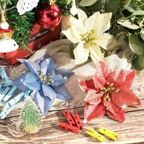 img 2 attached to 🌺 Искусственные рождественские цветы Whaline Blue Poinsettia - 24 шт. с клипсами, блестящие украшения для ёлки - декор на рождественскую свадьбу (13 х 13 см)