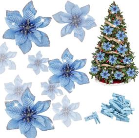 img 4 attached to 🌺 Искусственные рождественские цветы Whaline Blue Poinsettia - 24 шт. с клипсами, блестящие украшения для ёлки - декор на рождественскую свадьбу (13 х 13 см)