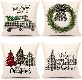 img 4 attached to 🎄 Set of 4 18x18 Farmhouse Christmas Pillow Covers - Country Christmas Decorations with Black and White Buffalo Plaid Truck Tree Design - Throw Pillow Cases for Winter Holiday Home Decor - Cushion Cover