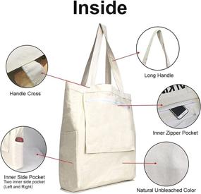 img 3 attached to 👜 Heavy Duty Canvas Tote Bag with 3 Inner Pockets - Ideal for Weekend Getaways, Overnight Trips, School Books, and Shopping