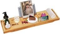 bamboo bathtub caddy tray with extendable sides, built-in book and tablet holder, wineglass holder, phone tray & accessories placement - shower shelves organizer logo